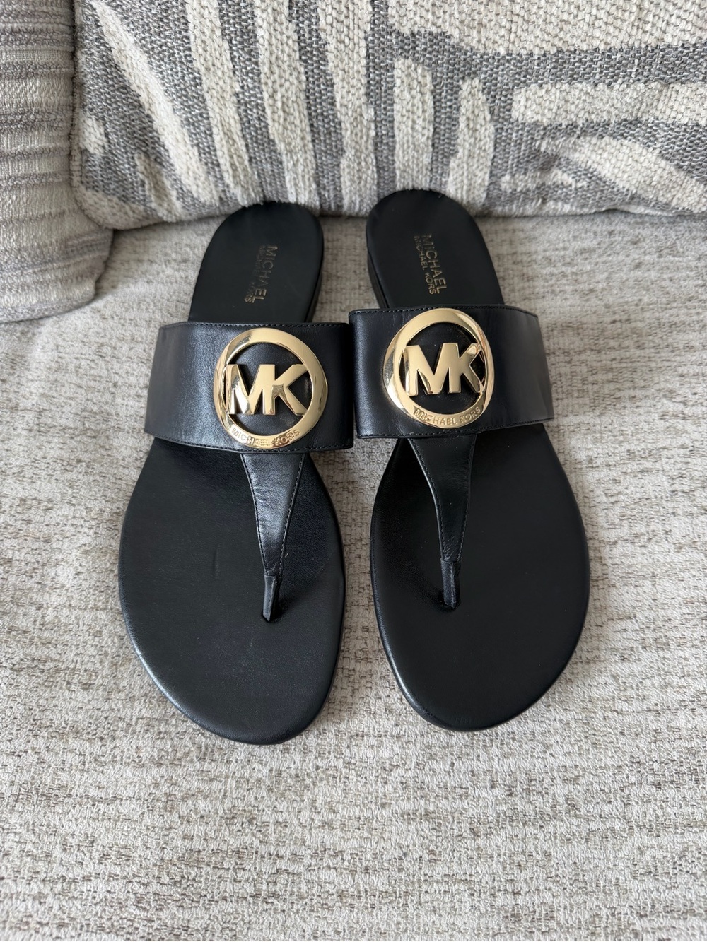 MICHAEL Michael Kors Black Leather Slide Sandals with Gold MK Medallions